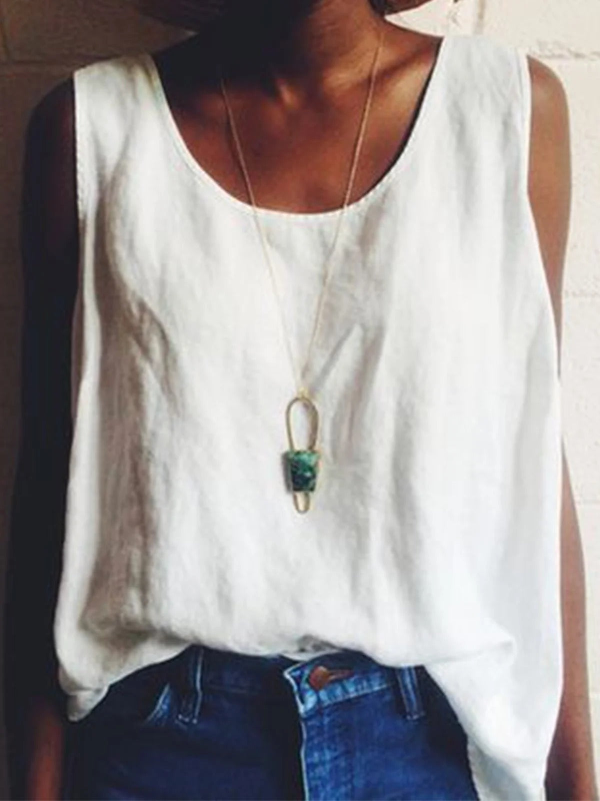 Women's Casual Plus Size Crew Neck Plain Sleeveless Linen Summer Tank Top