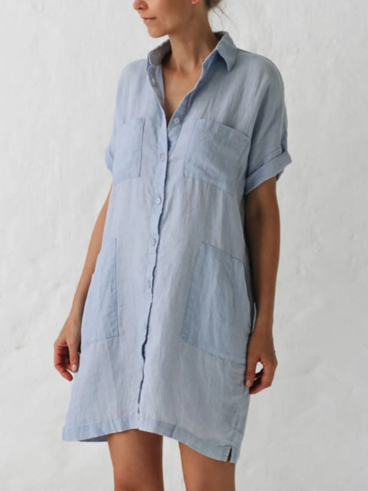 Women's Shirt Collar Short Sleeve Loose Casual Shirt Mini Dress