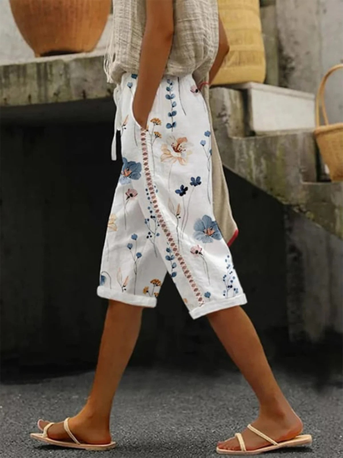 Casual Floral Print Drawstring Pants