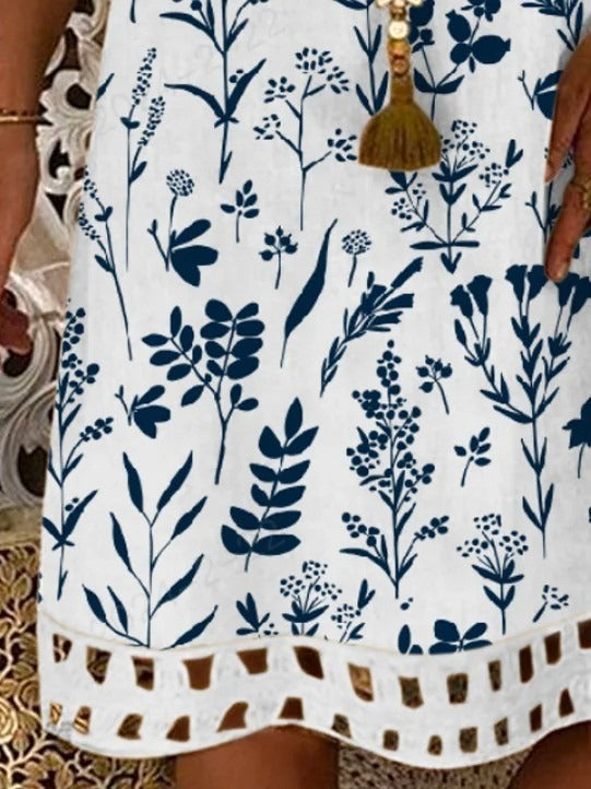 Floral V Neck Linen Style Loose Mini Dress
