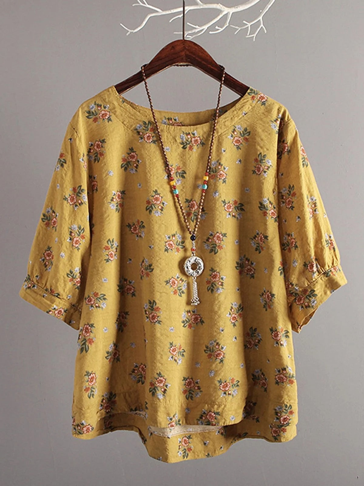 Floral Print Balloon Sleeve Crew Neck Casual Cozy Blouse
