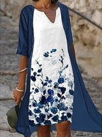 V Neck Color Block Casual Regular Fit Two-Piece Midi Dress