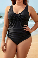 Solid Color Deep V Straps Ruched One Piece Swimsuit