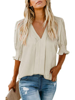 Women's Solid Casual V Neck Puff Sleeve Shirts