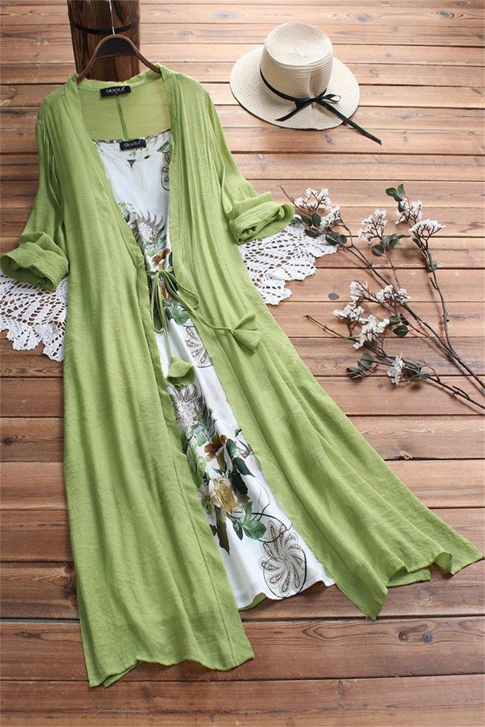Floral Print Straps 3/4 Sleeves Midi Two Piece Dress