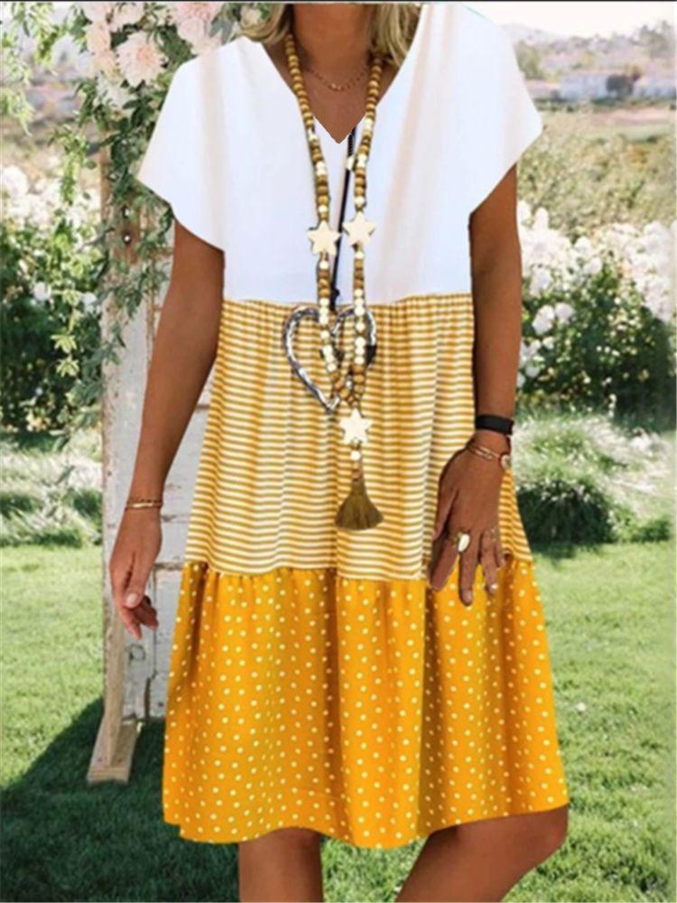 Stripe Polka Dot Print V-neck Short Sleeves Short Dress