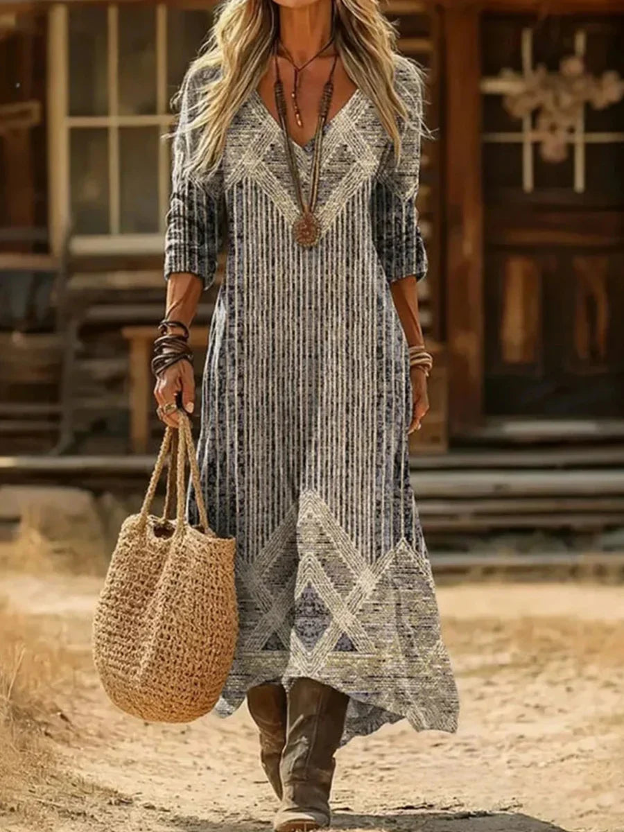 Vintage Geometric Print V-neck Long Sleeve Comfy Maxi Dress