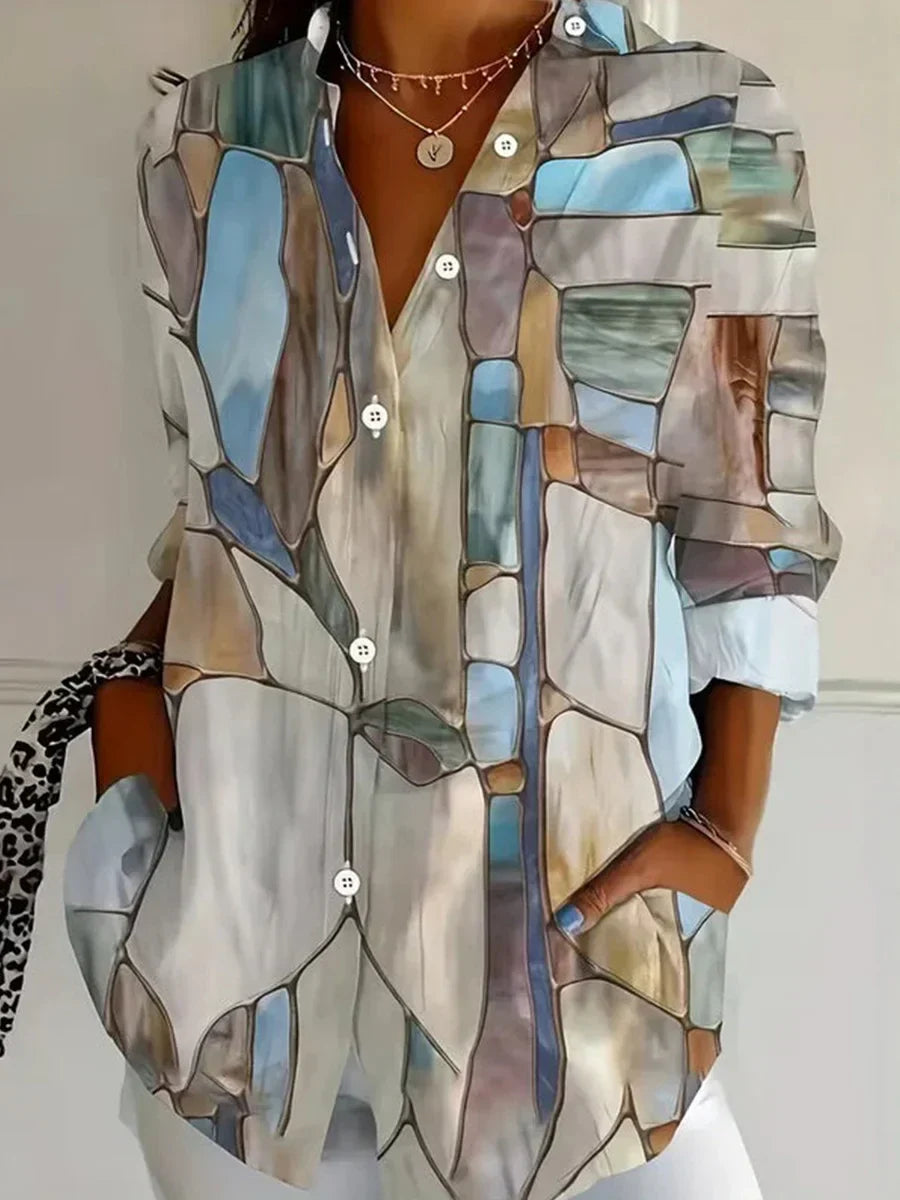 Abstract Geometric Print Lapel Long Sleeve Casual Blouse