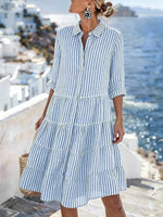 Fresh Blue Striped 3/4 Sleeve Tiered Mini Shirt Dress