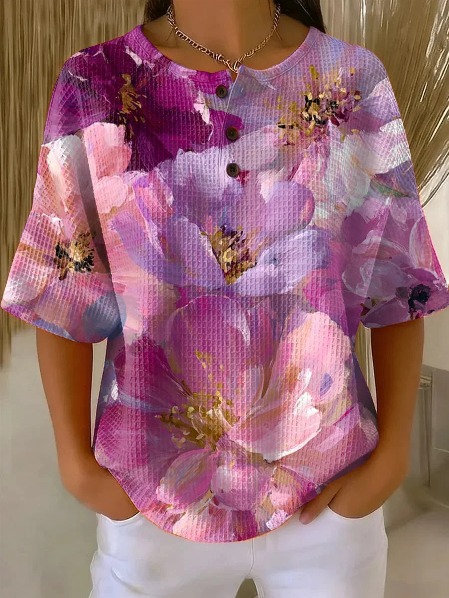Women's Purple Flower Print Casual Short Sleeve Shirt