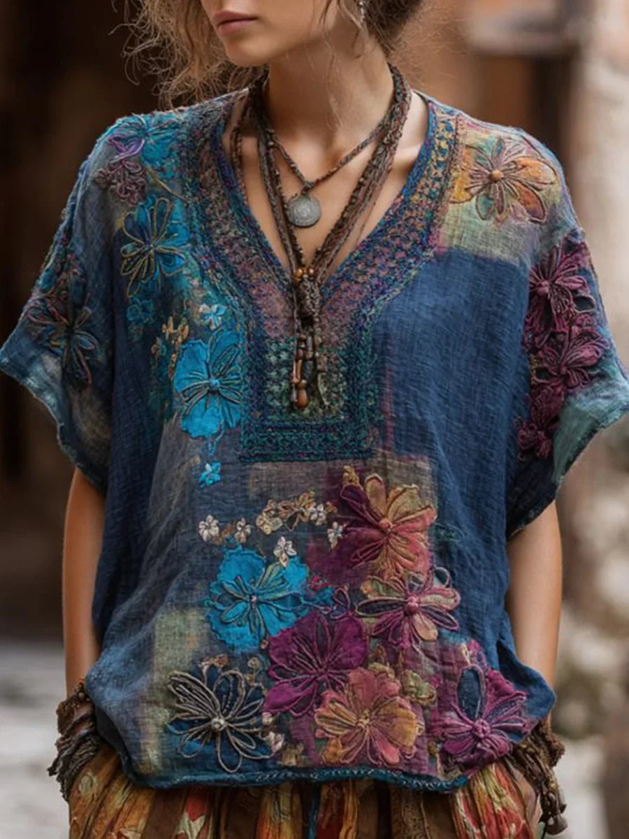 Casual Floral Print V-neck Short Sleeve Blouse