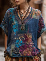 Casual Floral Print V-neck Short Sleeve Blouse