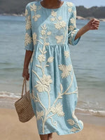 Floral Print Round Neck 3/4 Sleeve Dress