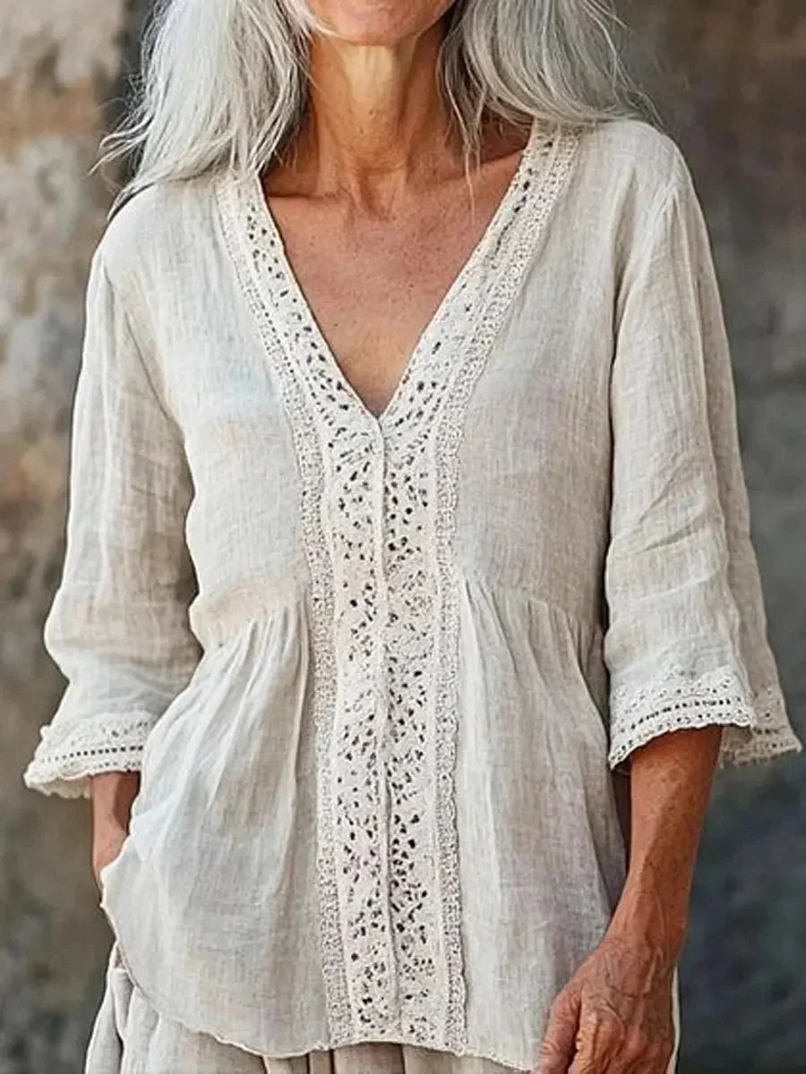 Women's Retro Ethnic Casual V-neck 3/4 Sleeve Shirt