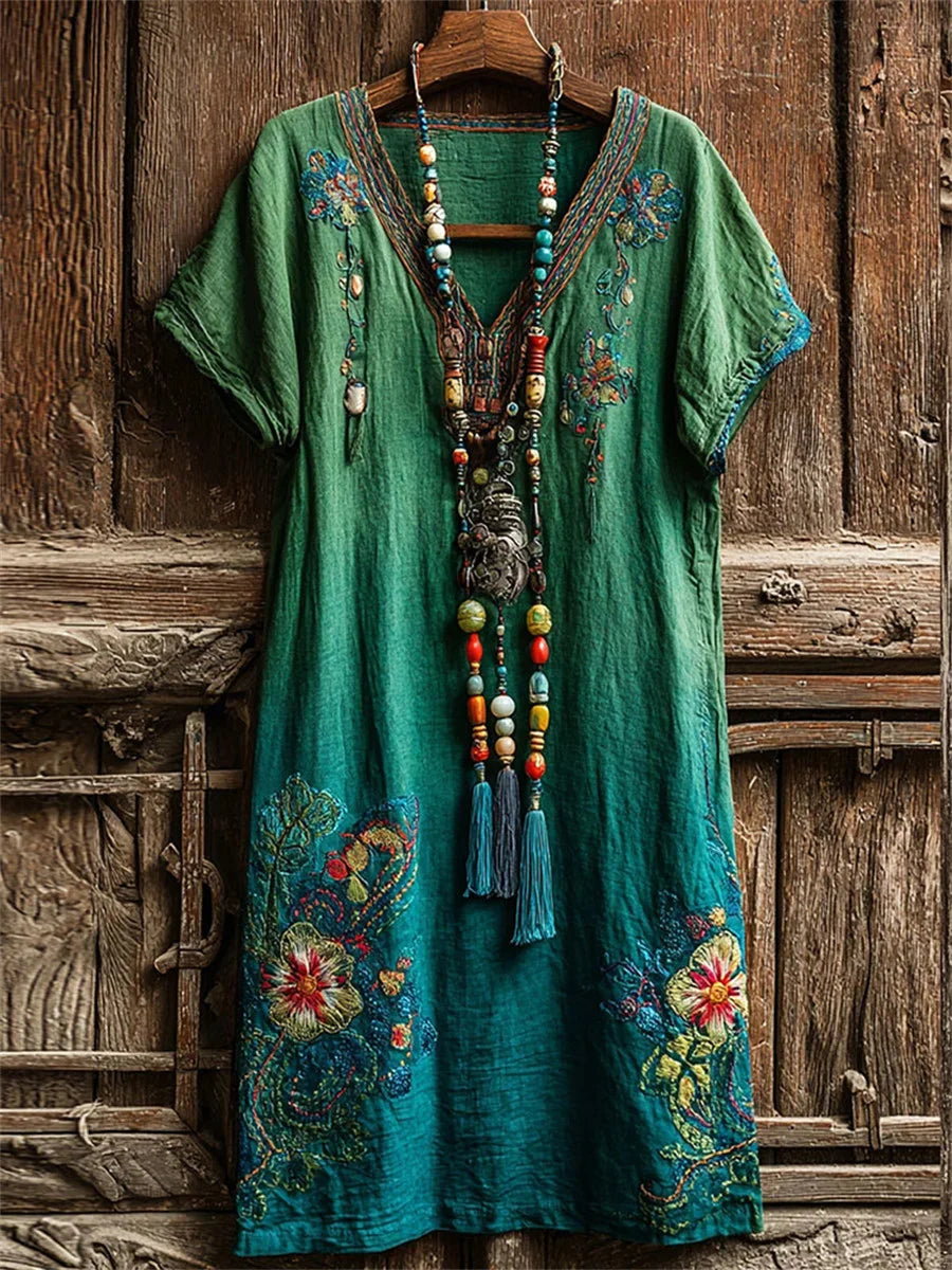 Women's Floral Art Flowy V-neck Short Sleeve Maxi Dress