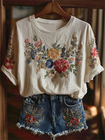 Floral Art Round Neck Short Sleeve White T-shirt