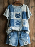 Cat Print Round Neck Short Sleeve T-Shirt