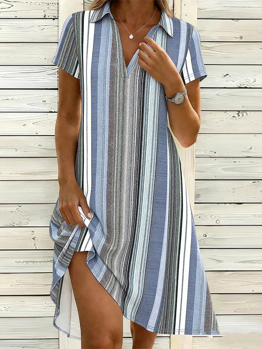 Striped Asymmetrical Short Sleeve Midi Shirt Dress