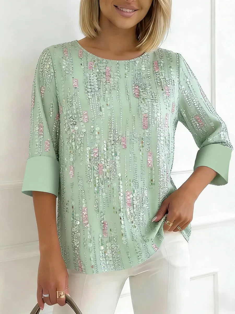Green Sequin Print Round Neck 3/4 Sleeve Top