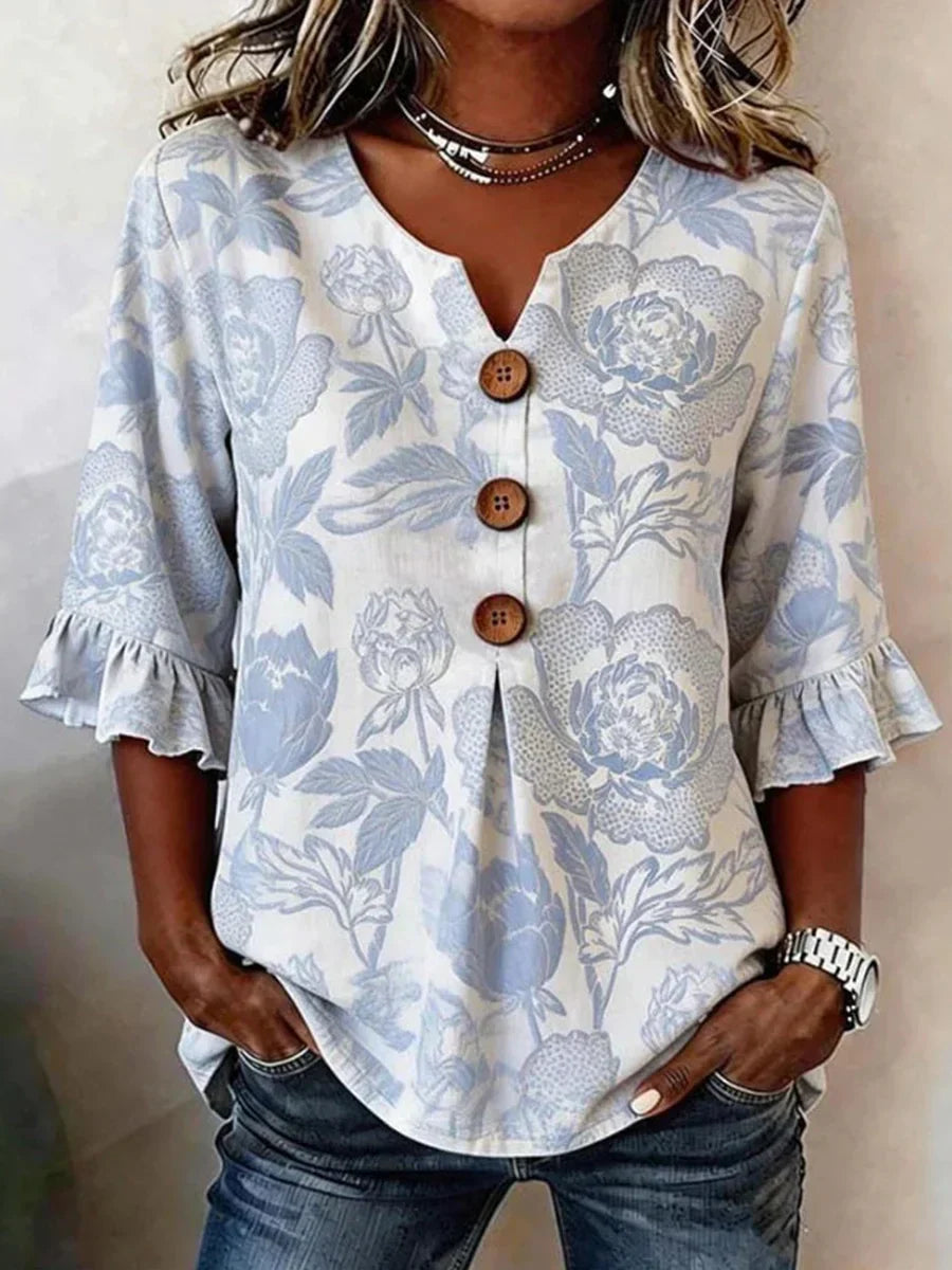 Vintage Floral Print V-neck 3/4 Sleeve Blouse