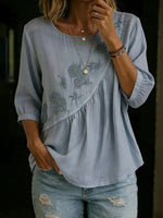 Casual Blue Round Neck Half Sleeve Blouse