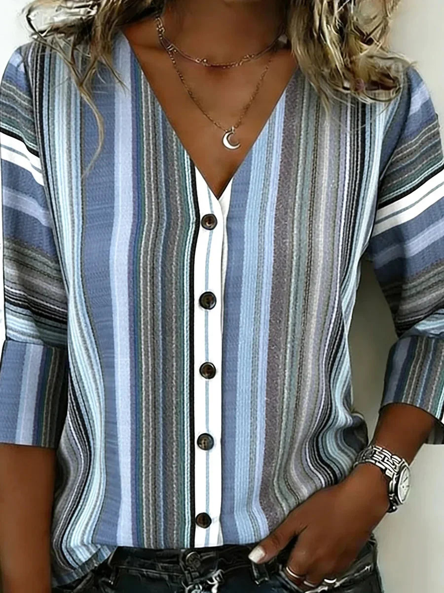 Blue Striped V-neck 3/4 Sleeve Button Down Blouse