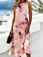 Pink Watercolor Floral Sleeveless Midi Dress
