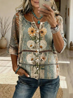 Vintage Floral Print 3/4 Sleeve Blouse