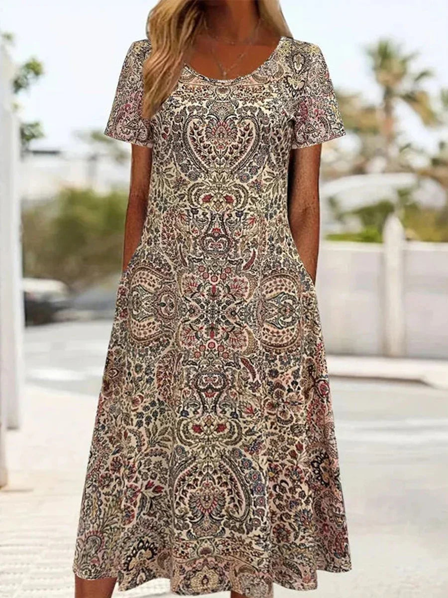 Ethnic Print Round Neck Short Sleeve Dress