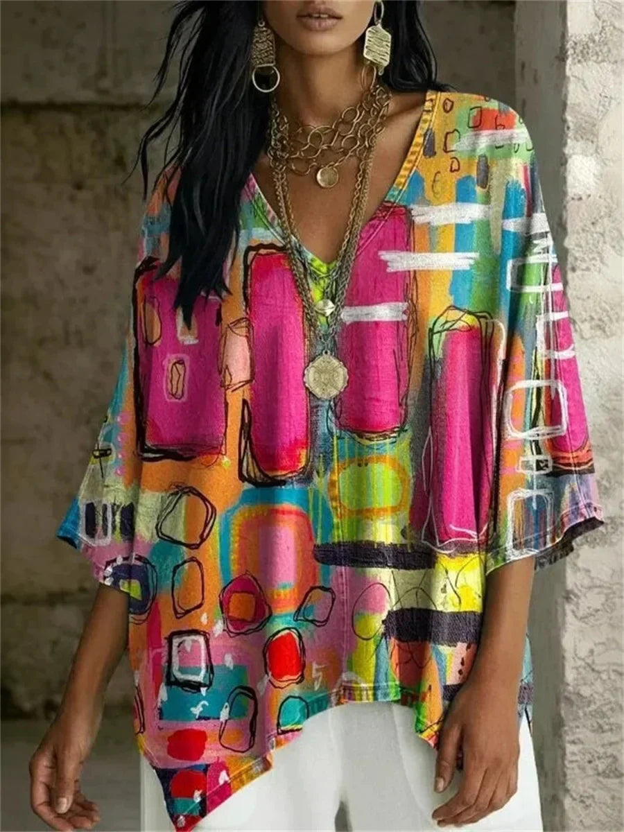 Vintage Casual V-neck 3/4 Sleeve Blouse
