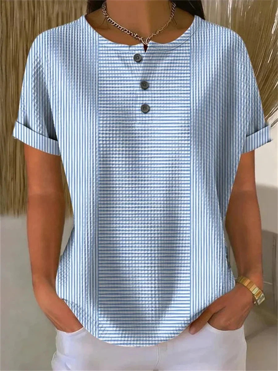Casual Blue Striped Short Sleeve Blouse