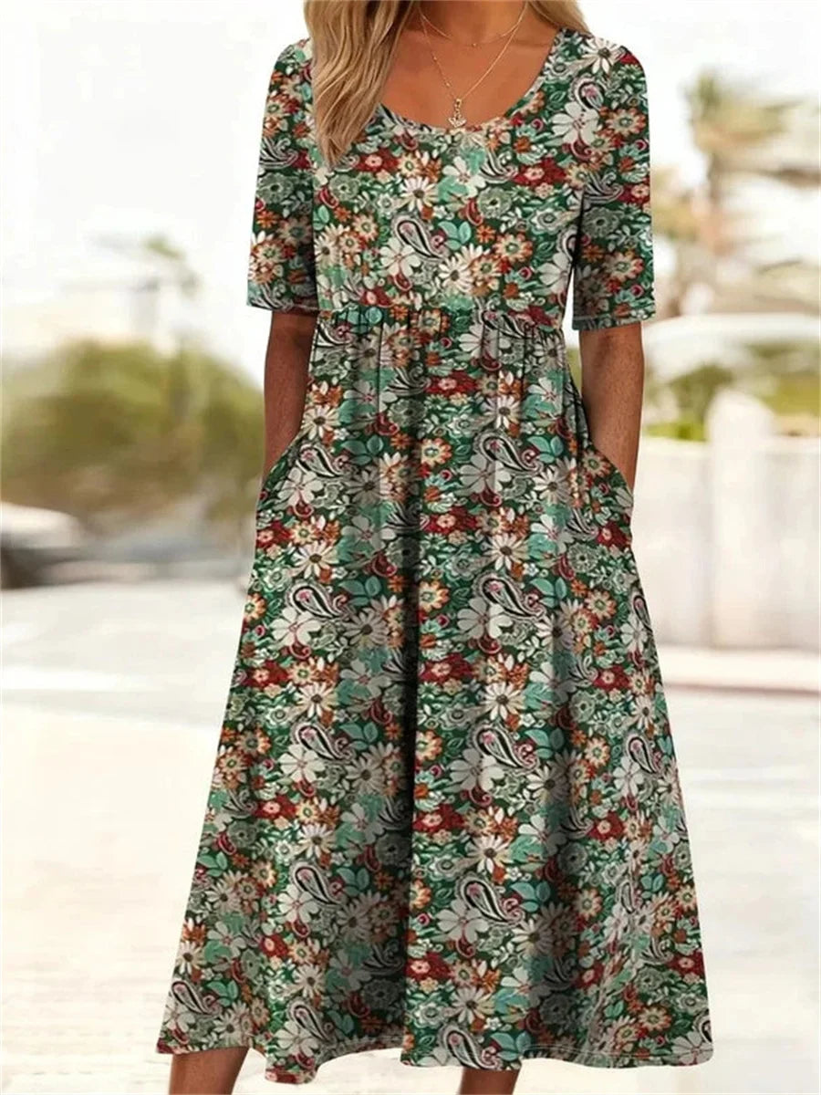 Floral Print Round Neck Short Sleeve Dress