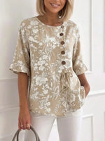 Champagne Floral Print Round Neck 3/4 Sleeve Top