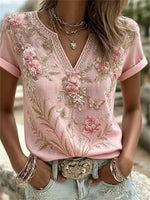 Vintage Floral Print V-neck Short Sleeve Blouse
