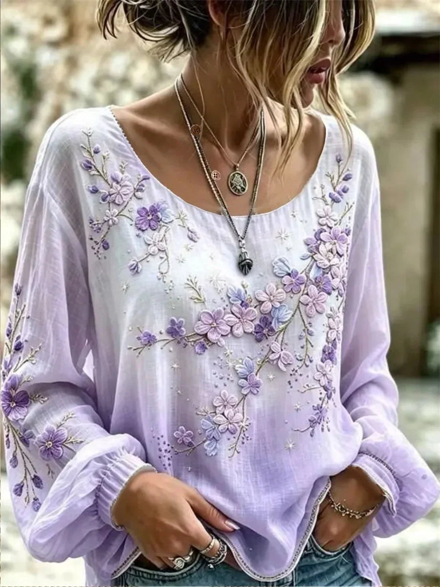 Crew Neck Long Sleeve Floral Printing Lightweight Micro-Elasticity Loose Blouse For Women
