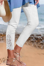 Solid Color Casual Lace Elastic Waist Leggings