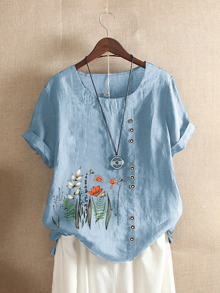 Floral Print O-neck Buttons Short Sleeves T-shirt