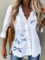 Dragonfly Print V-neck Buttons Long Sleeves Blouse