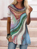 Marbling Print Round Neck Short Sleeves T-shirt