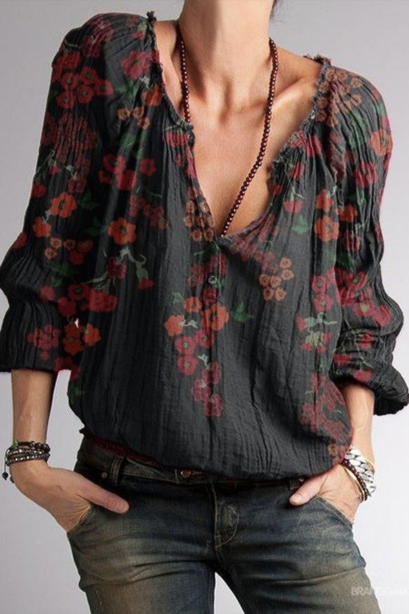 Floral Print V-neck Long Sleeves Casual Blouse