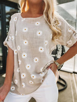Daisy Print Round Neck Long Sleeves Blouse