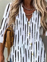 Stripe Print V-neck Buttons Long Sleeves Blouse