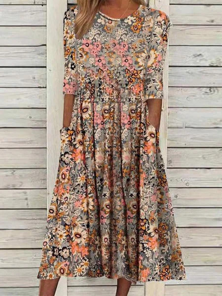 Floral Print with Pockets Half Sleeves Midi Dress