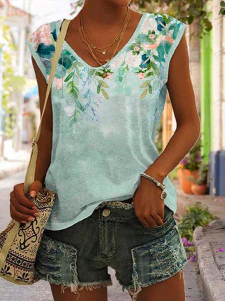 Floral Print V-neck Sleeveless Casual T-shirt