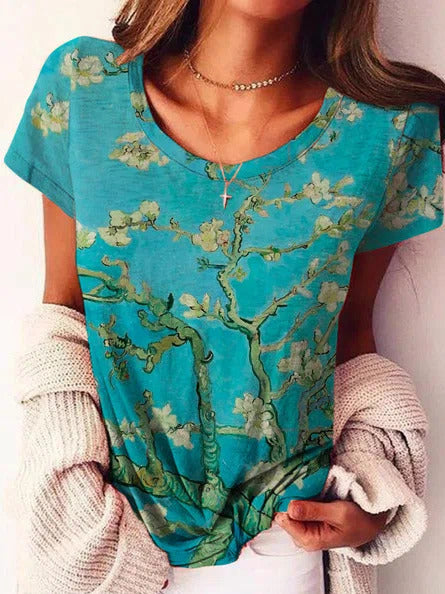 Floral Print Crew Neck Short Sleeves T-shirt