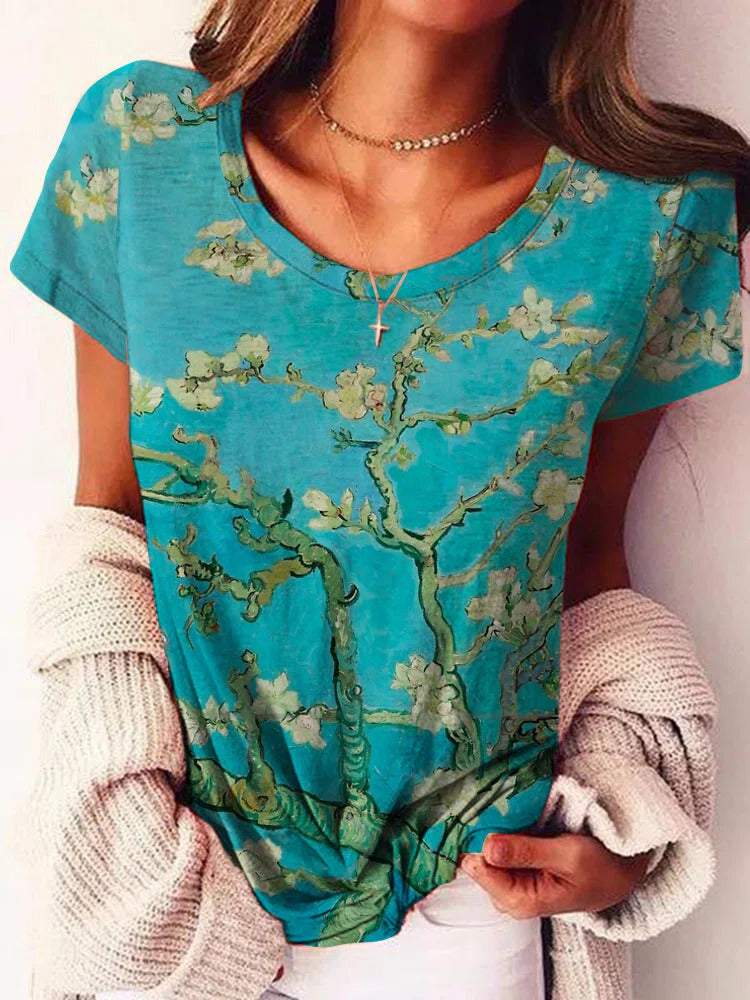 Floral Print Crew Neck Short Sleeves T-shirt
