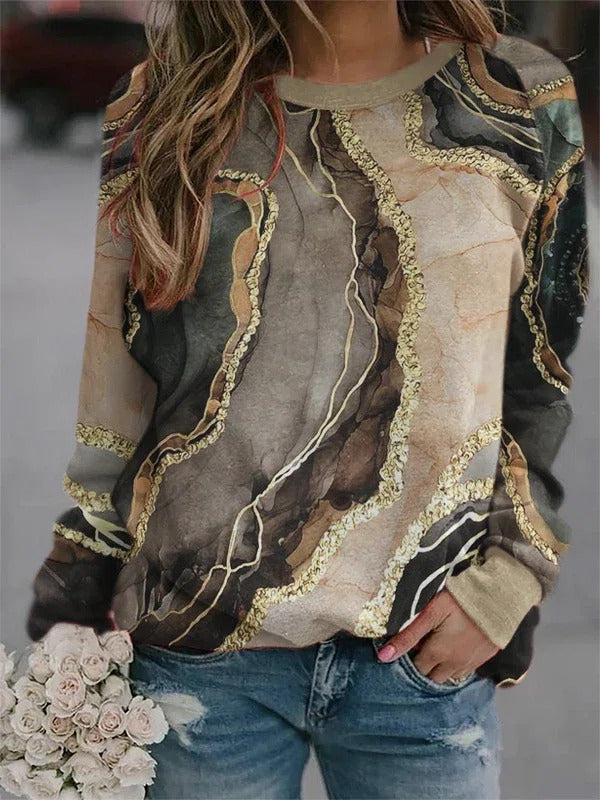 Marbling Print O-neck Long Sleeves Sweatshirt