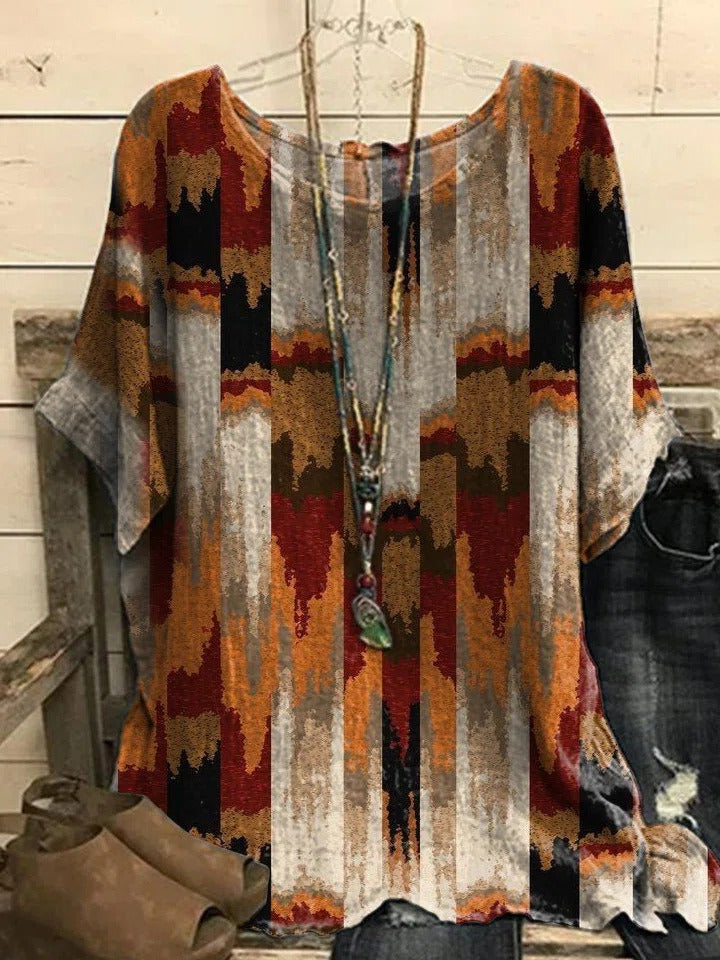 Marbling Print Crew Neck Short Sleeves Blouse