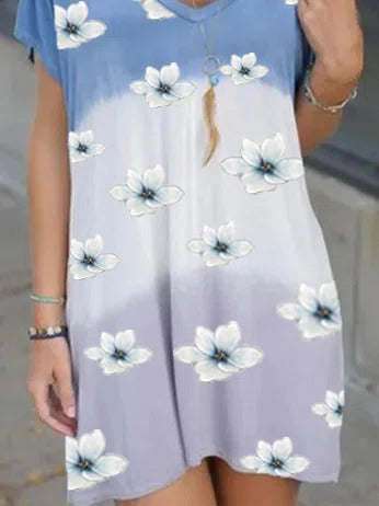 Floral Print V-neck Short Sleeves Mini Dress