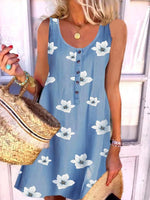 Floral Print U-neck Buttons Sleeveless Mini Dress